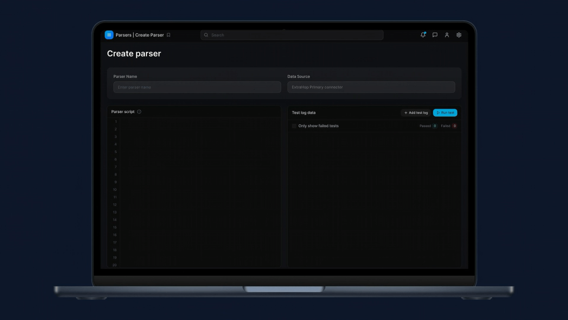Parser editor with script surface and live test logs.